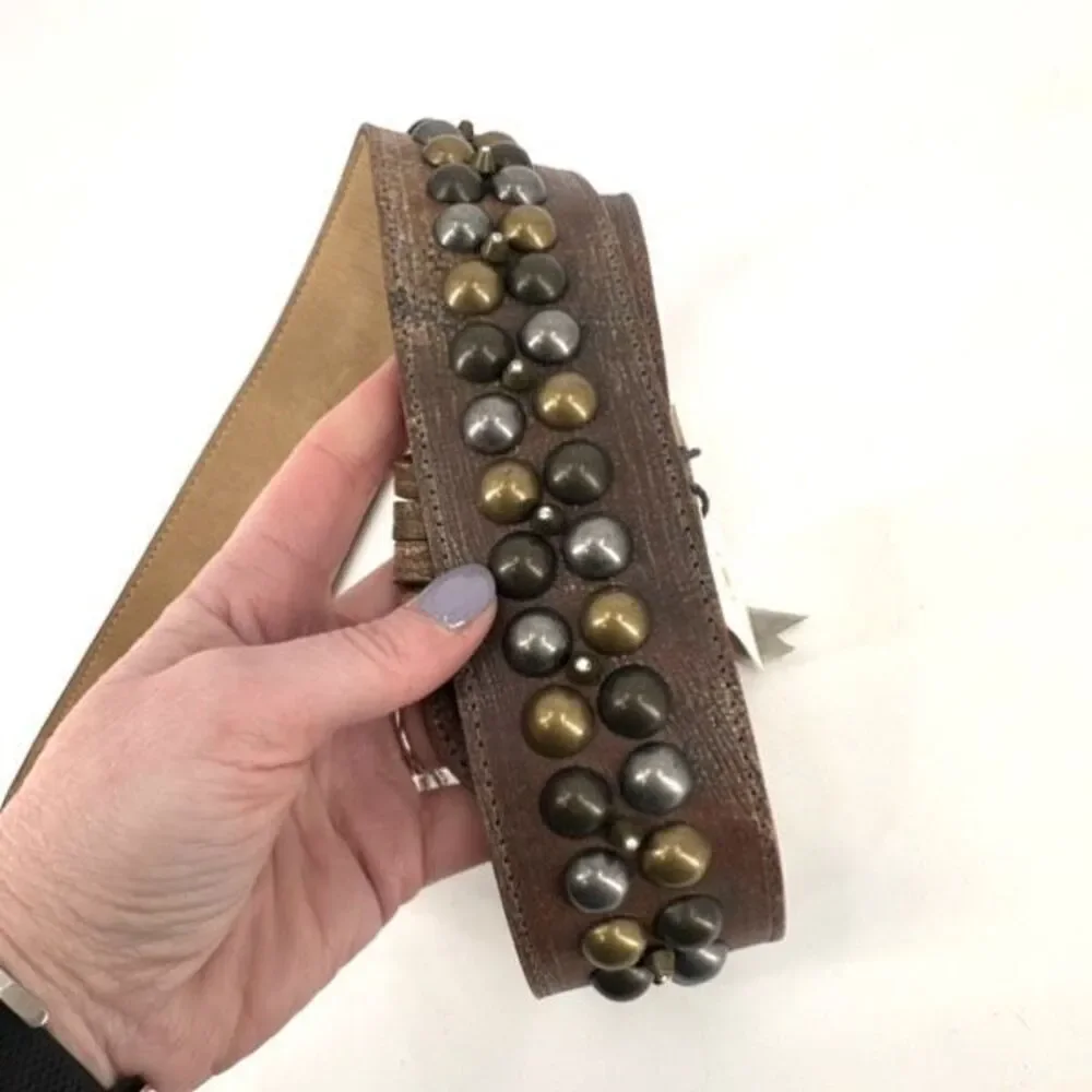 NWT Cassandra Los Angeles Women's Leather Spiked Studded Beluga Belt Brown Small